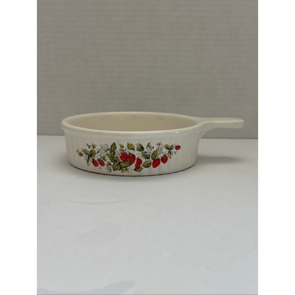 Vintage Strawberries & Floral White Round Stoneware Baking Dish with Handle - Picture 8 of 8